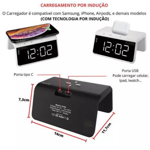 Carregador Indução + Relógio Despertador (BRANCO) * PRONTA-ENTREGA *