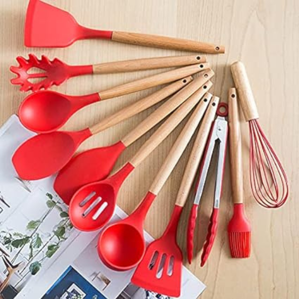 Kit Utensílios Cozinha 12 Peças Silicone Antiaderente (VERMELHO) * PRONTA-ENTREGA *