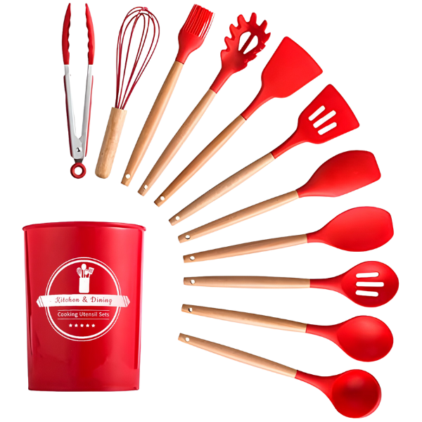 Kit Utensílios Cozinha 12 Peças Silicone Antiaderente (VERMELHO) * PRONTA-ENTREGA *