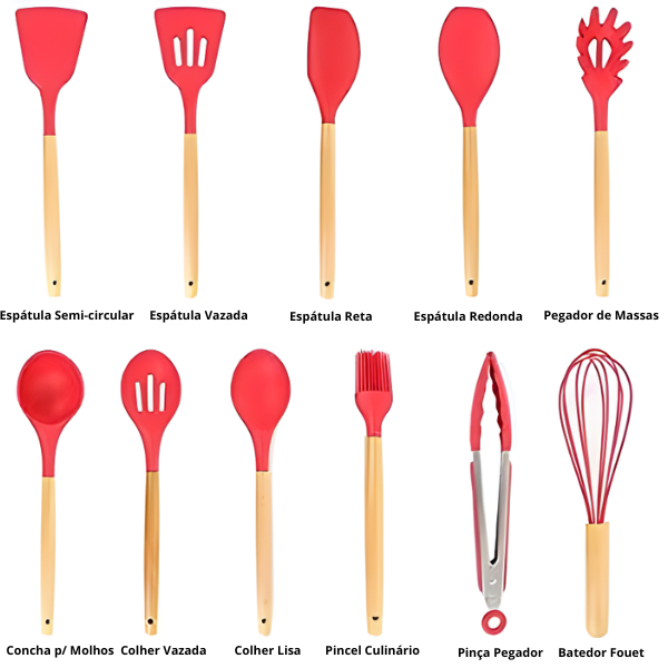 Kit Utensílios Cozinha 12 Peças Silicone Antiaderente (VERMELHO) * PRONTA-ENTREGA *