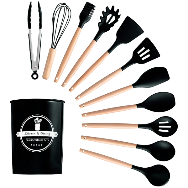 Kit Utensílios Cozinha 12 Peças Silicone Antiaderente (PRETO)