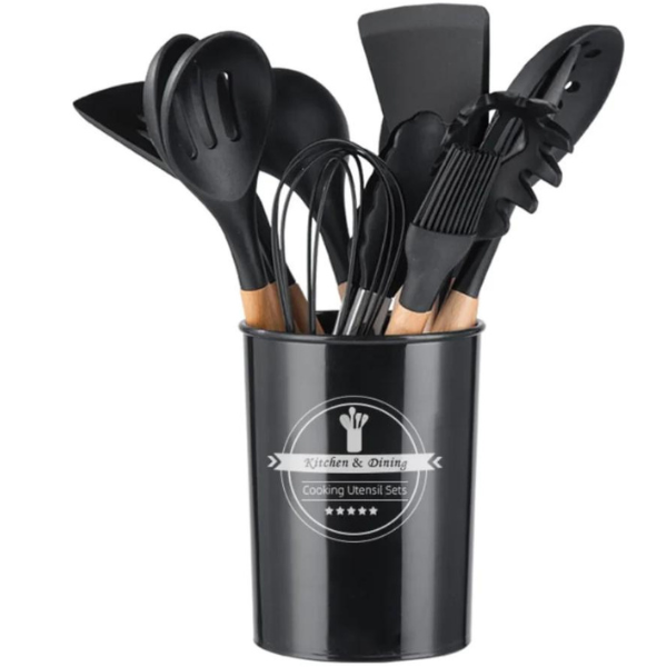 Kit Utensílios Cozinha 12 Peças Silicone Antiaderente (PRETO)