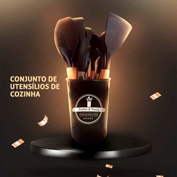 Kit Utensílios Cozinha 12 Peças Silicone Antiaderente (PRETO)