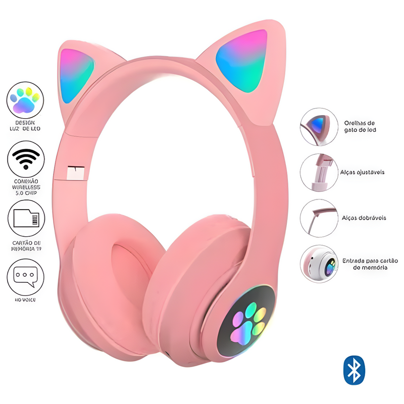 Fone Bluetooth Orelha De Gato Led Colorido (ROSA) * PRONTA-ENTREGA *