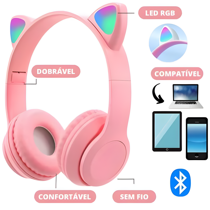 Fone Bluetooth Orelha De Gato Led Colorido (ROSA) * PRONTA-ENTREGA *