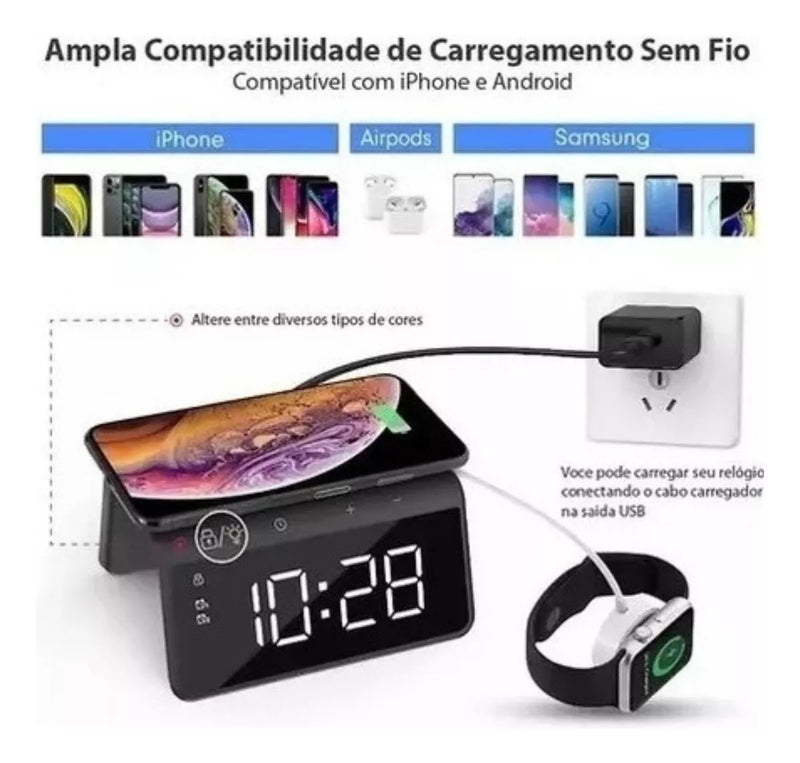 Carregador Indução + Relógio Despertador (BRANCO) * PRONTA-ENTREGA *