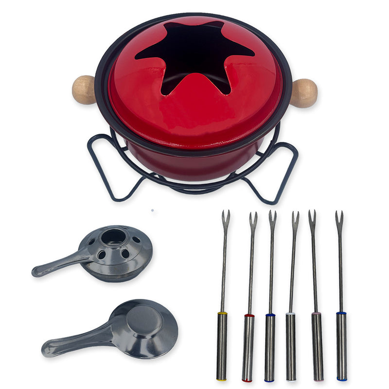 Conjunto de Fondue de 10 Peças em Vermelho: Perfeito para Carne e Chocolate - Sua Noite Romântica Espera!